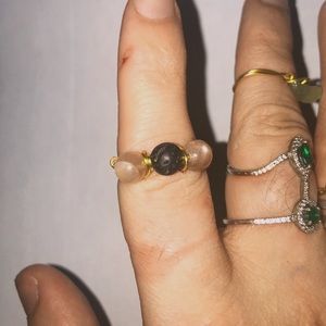 Lava Rock W/ 2 Peach Moonstones Ring